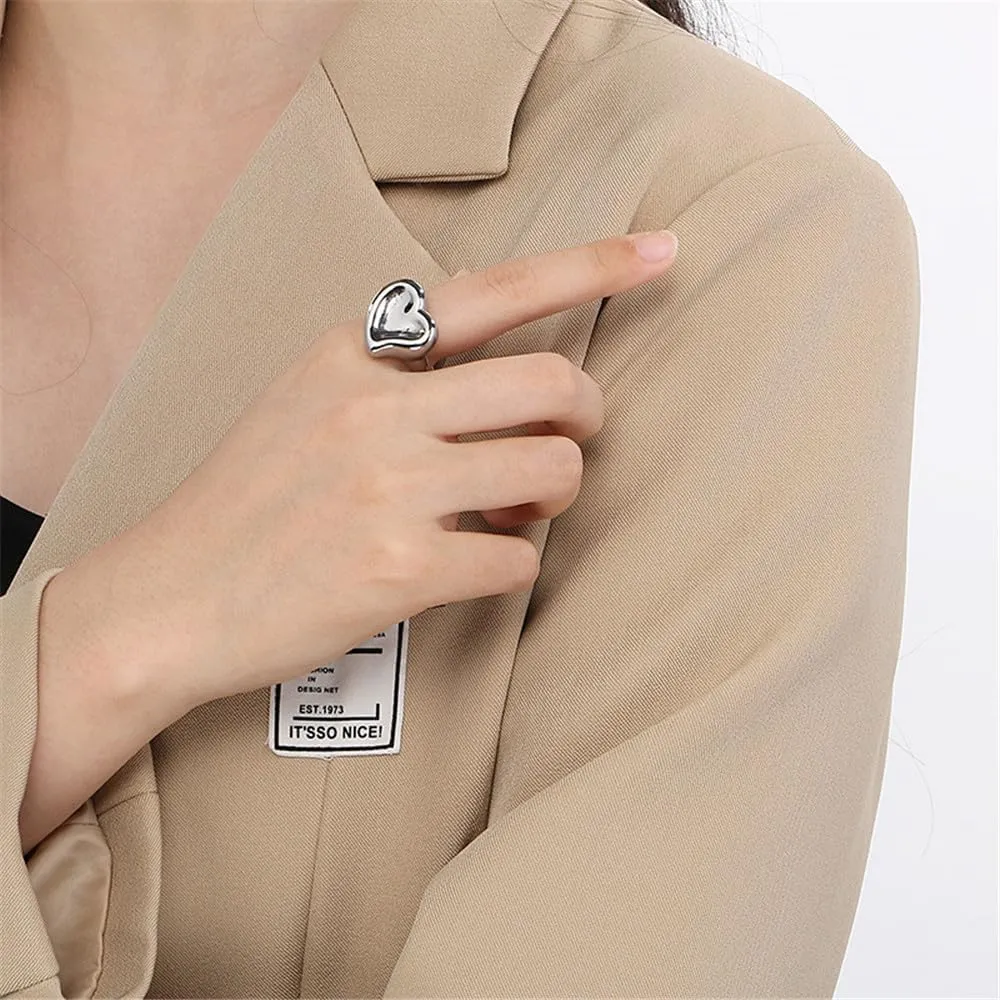 Stainless Steel Chunky Heart Statement Ring for Men Women Couples Charm Dainty Accessory