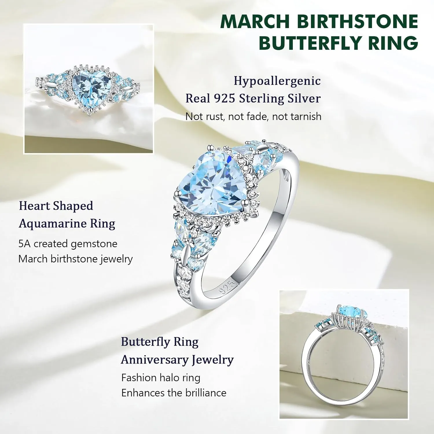 Sterling Silver Butterfly Birthstone Rings for Women, 3 Carat Created Gemstone Diamond Heart/Pear Engagement Halo Ring, Promise Rings for Her, Wedding Anniversary Jewerly Size 6 to 10