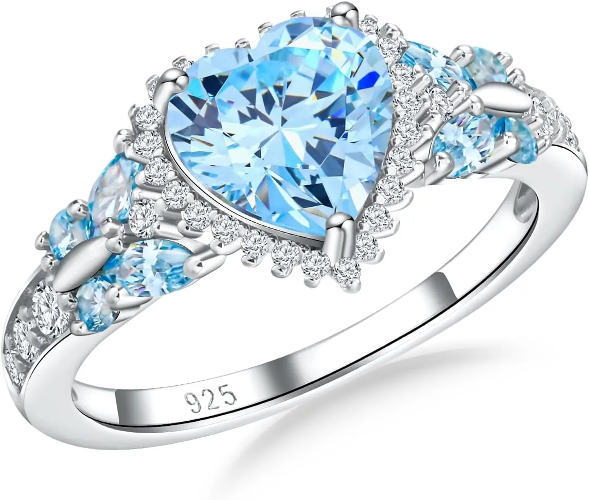 Sterling Silver Butterfly Birthstone Rings for Women, 3 Carat Created Gemstone Diamond Heart/Pear Engagement Halo Ring, Promise Rings for Her, Wedding Anniversary Jewerly Size 6 to 10