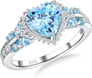 Sterling Silver Butterfly Birthstone Rings for Women, 3 Carat Created Gemstone Diamond Heart/Pear Engagement Halo Ring, Promise Rings for Her, Wedding Anniversary Jewerly Size 6 to 10