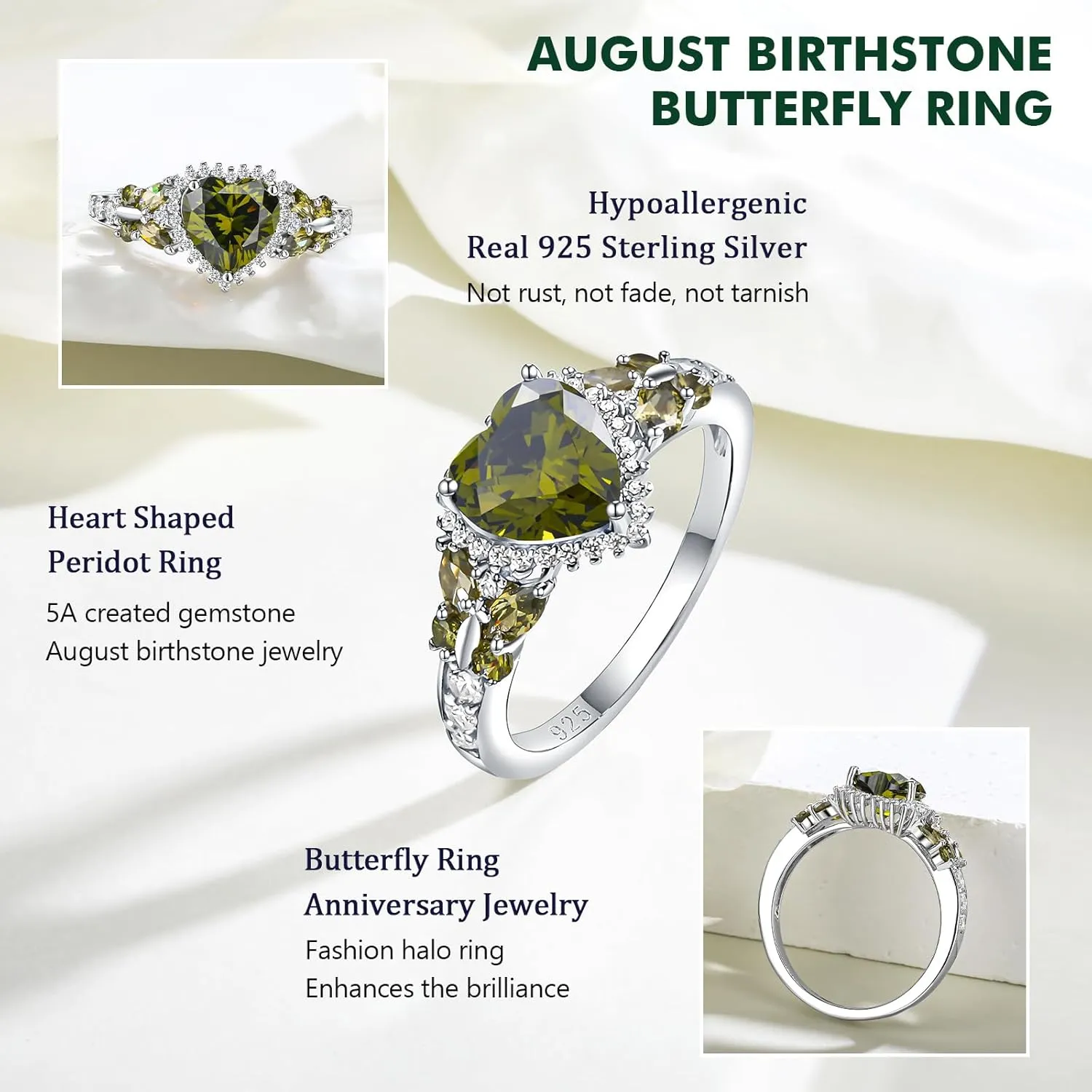 Sterling Silver Butterfly Birthstone Rings for Women, 3 Carat Created Gemstone Diamond Heart/Pear Engagement Halo Ring, Promise Rings for Her, Wedding Anniversary Jewerly Size 6 to 10