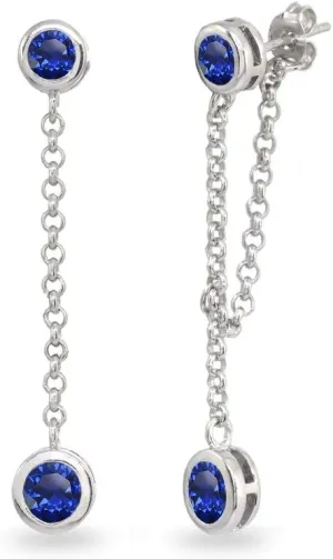 Sterling Silver Genuine or Synthetic Gemstone Round Two Stone Bezel-Set Chain Drop Dangle Earrings for Women