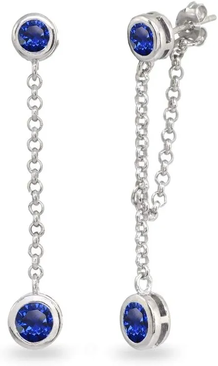 Sterling Silver Genuine or Synthetic Gemstone Round Two Stone Bezel-Set Chain Drop Dangle Earrings for Women