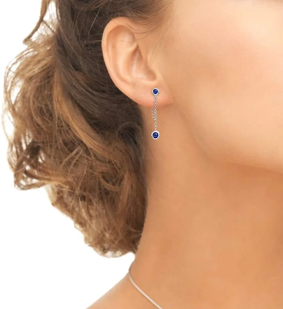 Sterling Silver Genuine or Synthetic Gemstone Round Two Stone Bezel-Set Chain Drop Dangle Earrings for Women