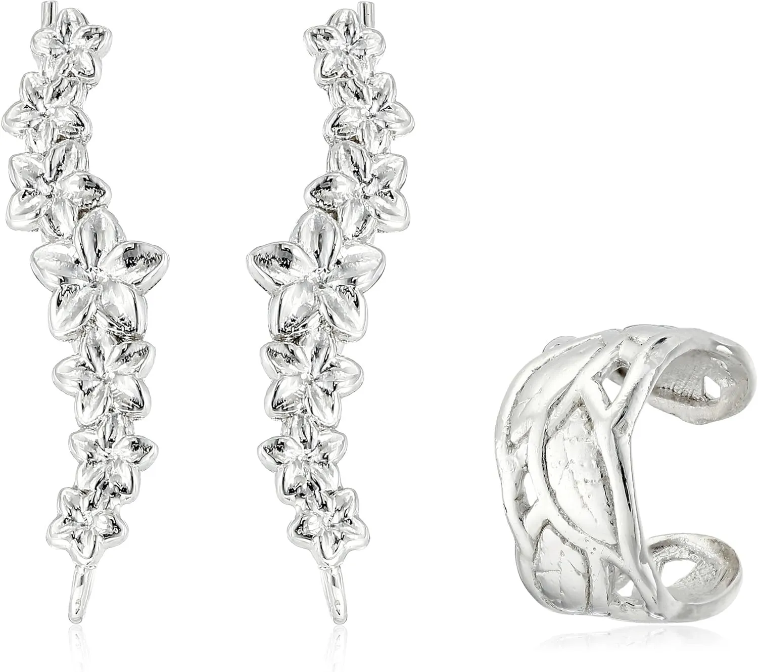 Sterling Silver Hawaii Plumeria with Leaf Motif Cuff Earrings
