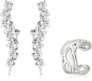 Sterling Silver Hawaii Plumeria with Leaf Motif Cuff Earrings