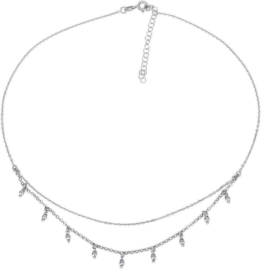 Sterling Silver Jewelry - Rhodium Plated with 925 Stamp - Double Layered Beaded Choker Necklace - Elegant Beautifully Designed for Women 16" Long   2" Extender
