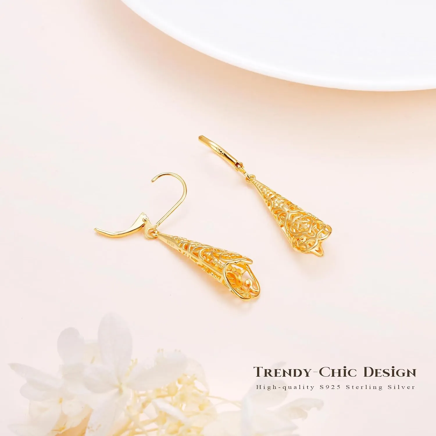 Sterling Silver Leverback Dangle Earrings for Women Teardrop Filigree 14K Gold Plated Dangly Earrings Mothers Day Gift