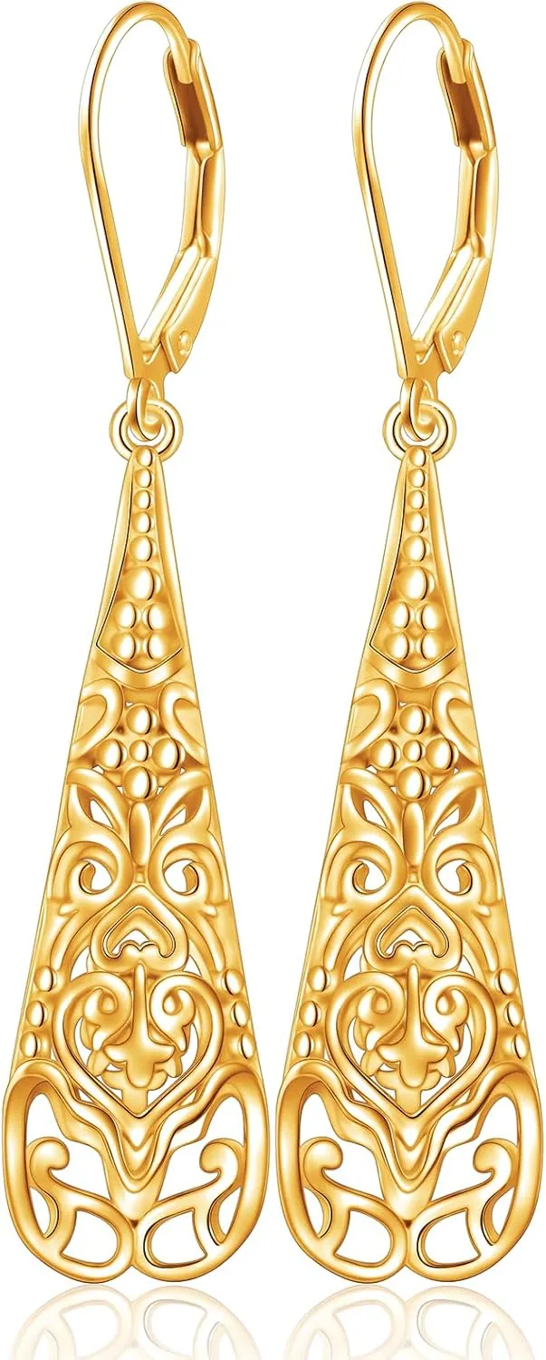 Sterling Silver Leverback Dangle Earrings for Women Teardrop Filigree 14K Gold Plated Dangly Earrings Mothers Day Gift