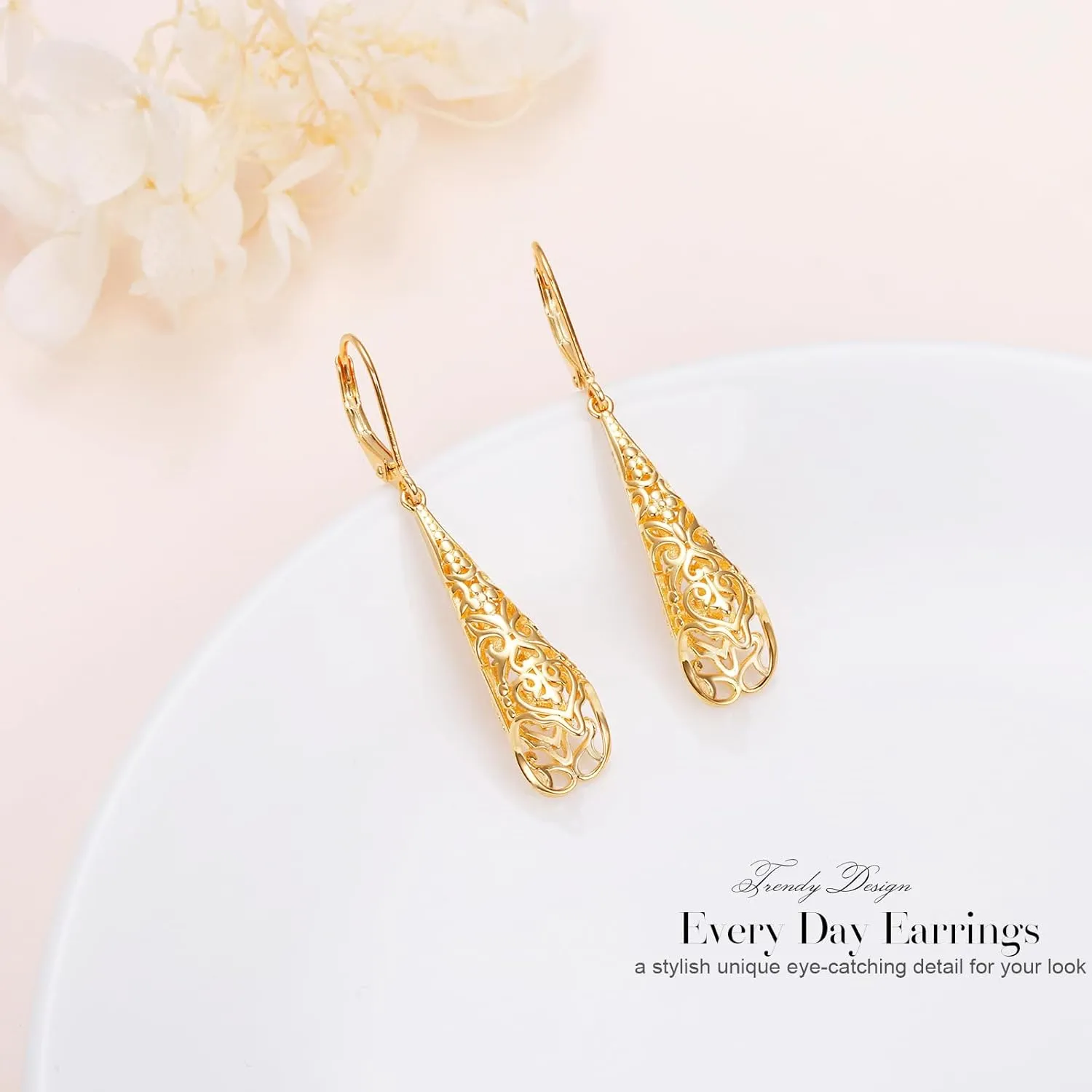 Sterling Silver Leverback Dangle Earrings for Women Teardrop Filigree 14K Gold Plated Dangly Earrings Mothers Day Gift