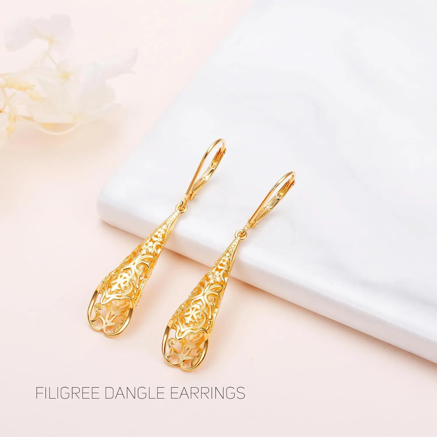 Sterling Silver Leverback Dangle Earrings for Women Teardrop Filigree 14K Gold Plated Dangly Earrings Mothers Day Gift