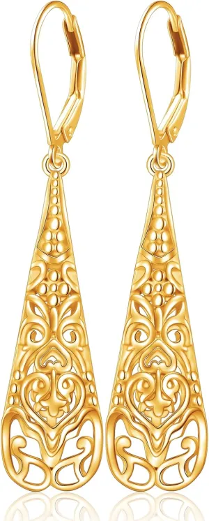 Sterling Silver Leverback Dangle Earrings for Women Teardrop Filigree 14K Gold Plated Dangly Earrings Mothers Day Gift
