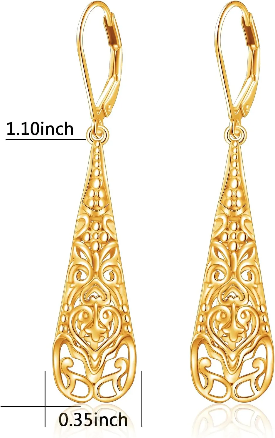Sterling Silver Leverback Dangle Earrings for Women Teardrop Filigree 14K Gold Plated Dangly Earrings Mothers Day Gift