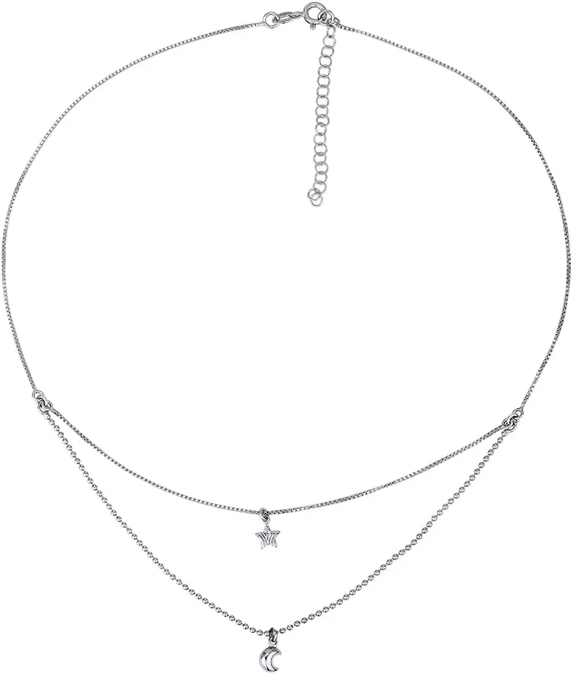 Sterling Silver - Rhodium Plated with 925 Stamp - Star & Moon Double Layered Choker Necklace - Elegant Handcrafted Necklace for Women - 14" Long   2" Extender