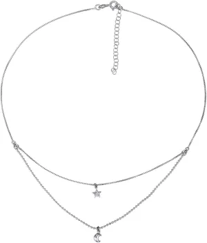 Sterling Silver - Rhodium Plated with 925 Stamp - Star & Moon Double Layered Choker Necklace - Elegant Handcrafted Necklace for Women - 14" Long   2" Extender