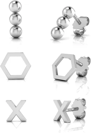 Sterling Silver Stud Earrings Set for Women and Girls Tiny 3 Pairs of Stud Set Small Cross & Hexagon and Beaded Bar Silver Stud Earrings
