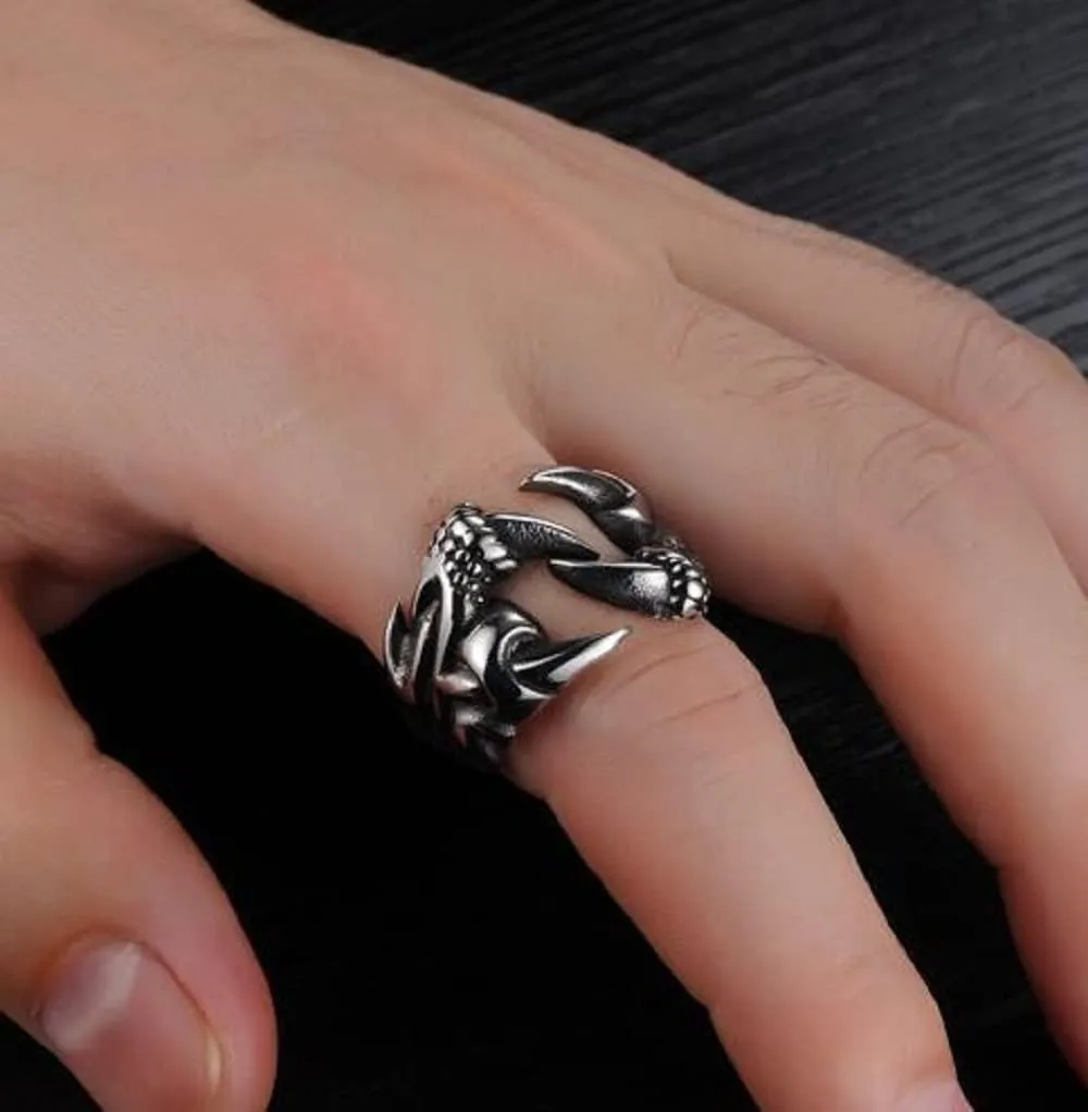 SUKKCCNO S925 Silver Vintage Multi-Chinese Claw Ring Punk Style Index Finger Dragon Ring Eagle Dragon Claw Opening Adjustable Ring Valentine's Day Couple Ring (-3style)