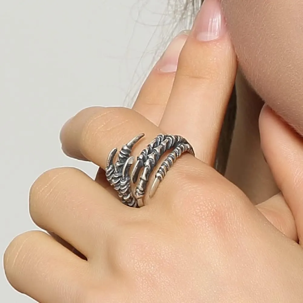 SUKKCCNO S925 Silver Vintage Multi-Chinese Claw Ring Punk Style Index Finger Dragon Ring Eagle Dragon Claw Opening Adjustable Ring Valentine's Day Couple Ring (-4style)