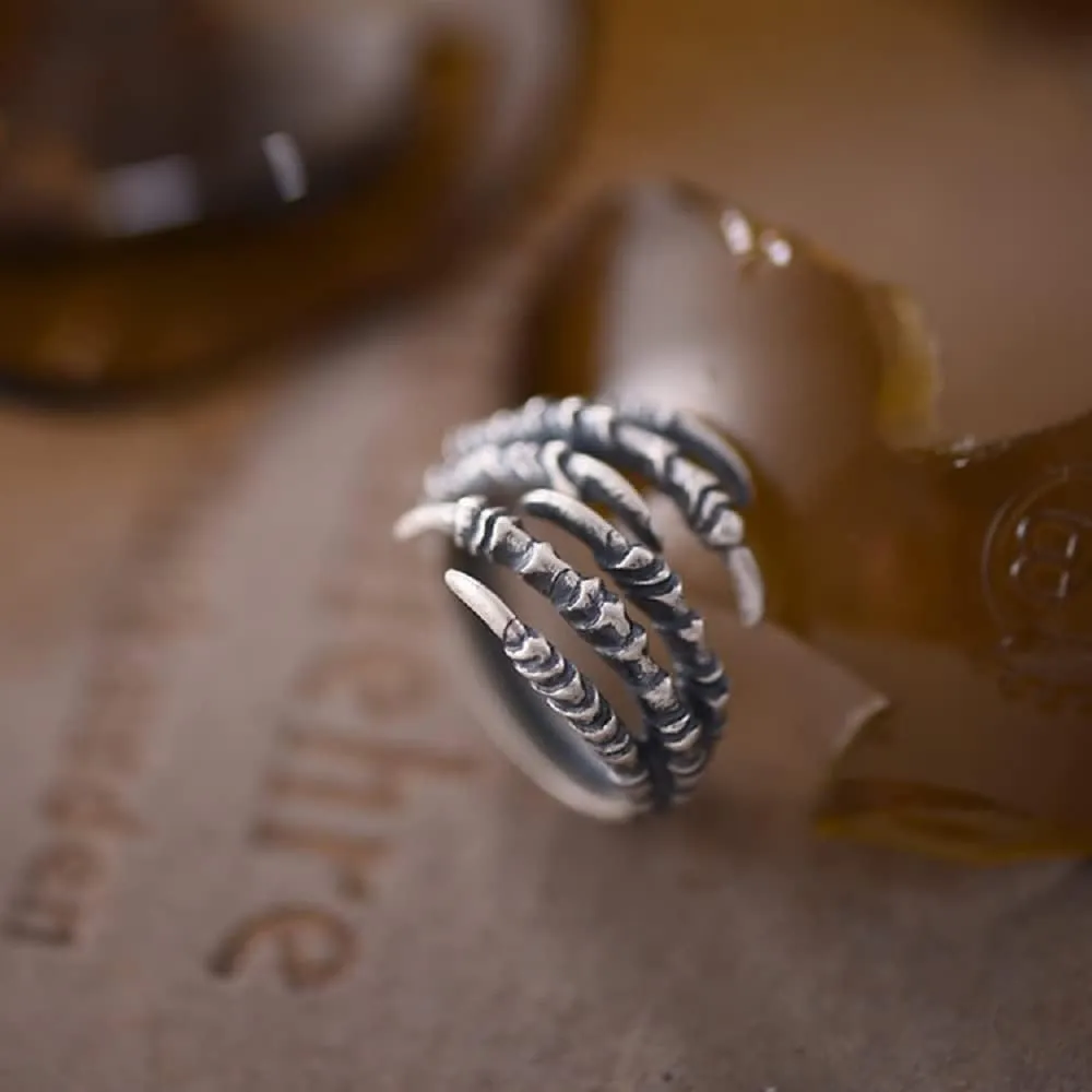 SUKKCCNO S925 Silver Vintage Multi-Chinese Claw Ring Punk Style Index Finger Dragon Ring Eagle Dragon Claw Opening Adjustable Ring Valentine's Day Couple Ring (-4style)