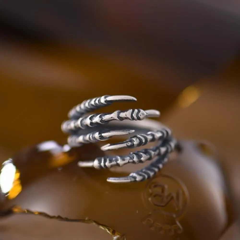 SUKKCCNO S925 Silver Vintage Multi-Chinese Claw Ring Punk Style Index Finger Dragon Ring Eagle Dragon Claw Opening Adjustable Ring Valentine's Day Couple Ring (-4style)