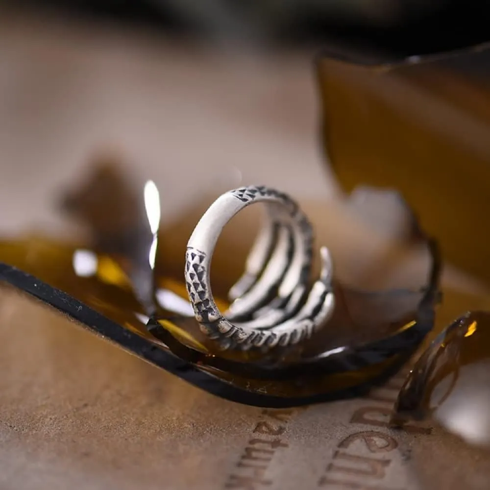 SUKKCCNO S925 Silver Vintage Multi-Chinese Claw Ring Punk Style Index Finger Dragon Ring Eagle Dragon Claw Opening Adjustable Ring Valentine's Day Couple Ring (-4style)
