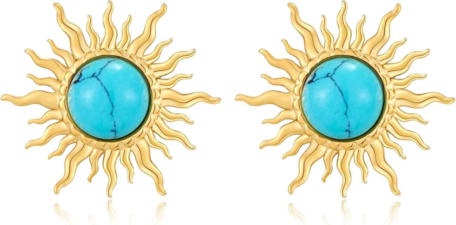 Sun Earrings Gold Plated Turquoise Stone Studs for Women Trendy Costume Jewelry Gifts