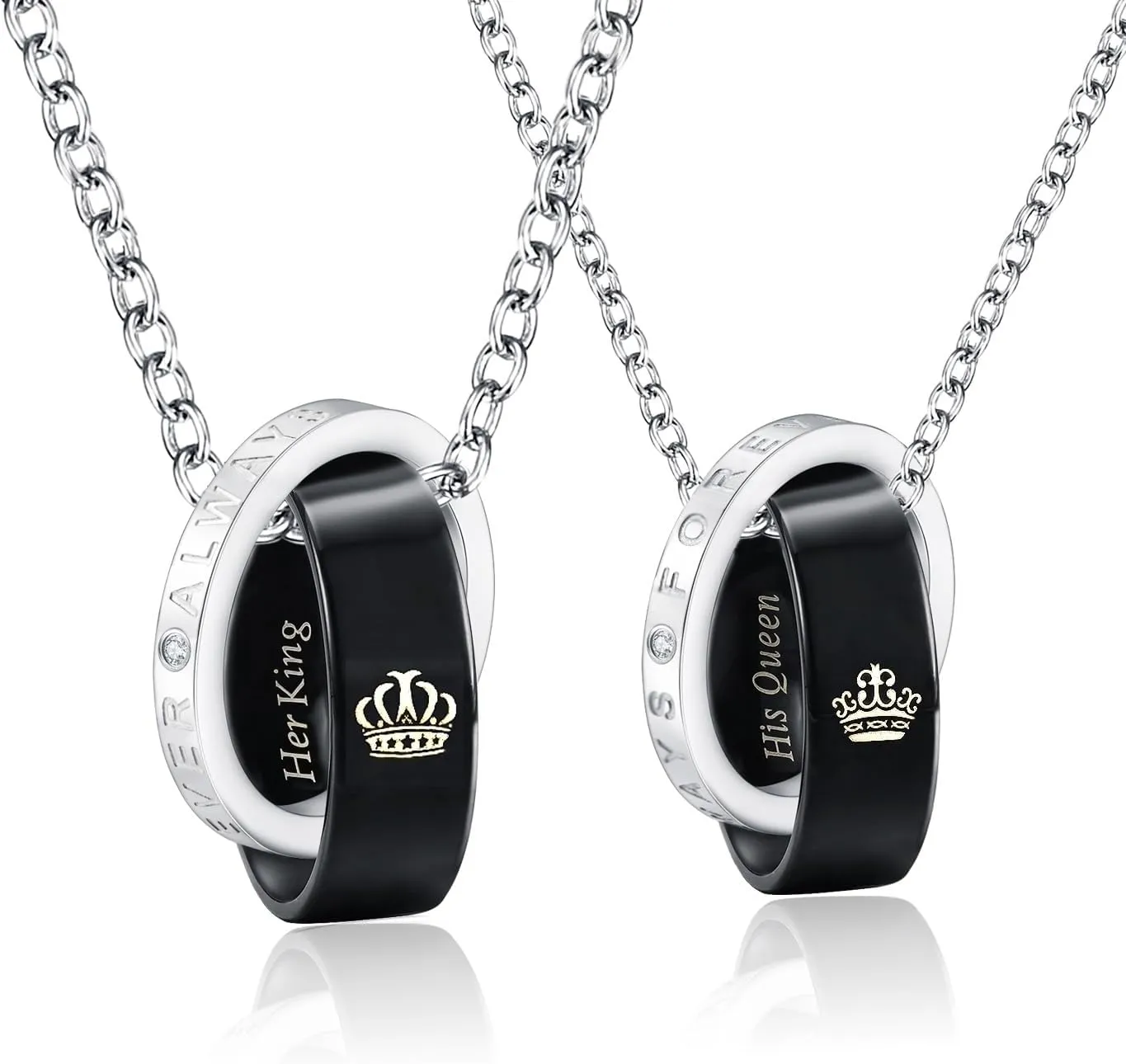 SunnyHouse Jewelry His & Hers Matching Set Her King His Queen Always Forever Couple Rings Pendant Necklace with Cubic Zirconia, Christams, Anniversary, Valentine Gift for Him and Her