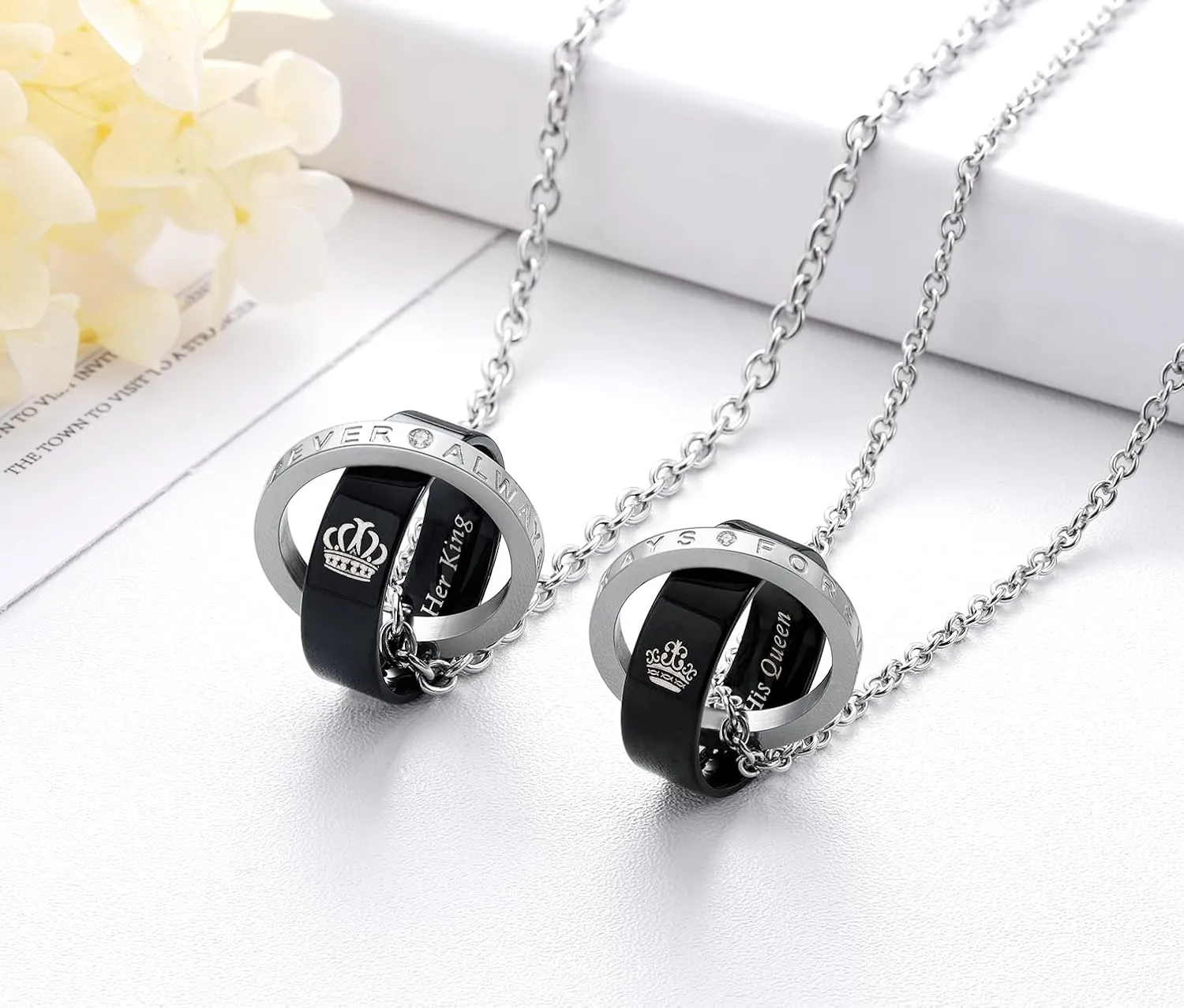 SunnyHouse Jewelry His & Hers Matching Set Her King His Queen Always Forever Couple Rings Pendant Necklace with Cubic Zirconia, Christams, Anniversary, Valentine Gift for Him and Her