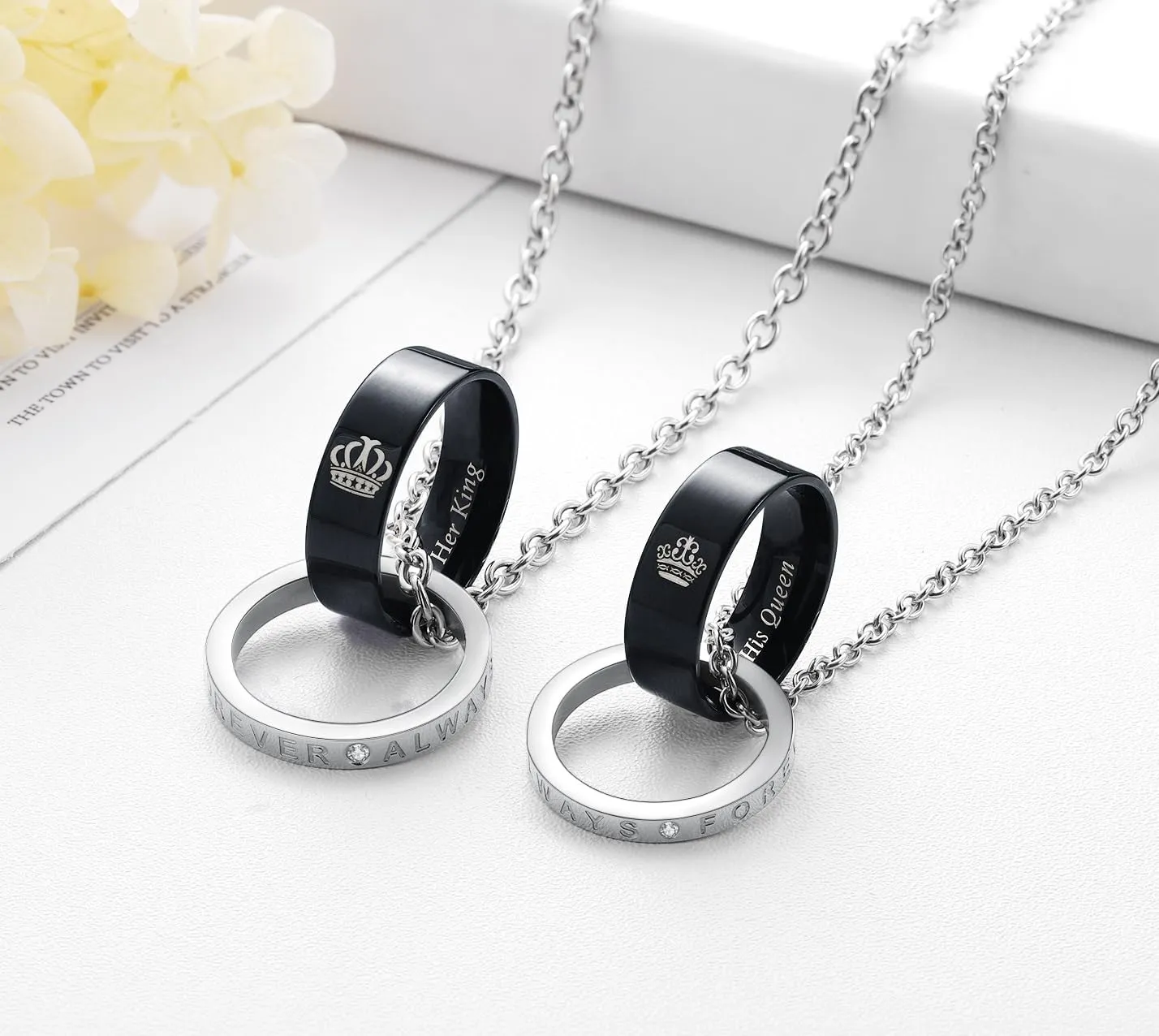 SunnyHouse Jewelry His & Hers Matching Set Her King His Queen Always Forever Couple Rings Pendant Necklace with Cubic Zirconia, Christams, Anniversary, Valentine Gift for Him and Her