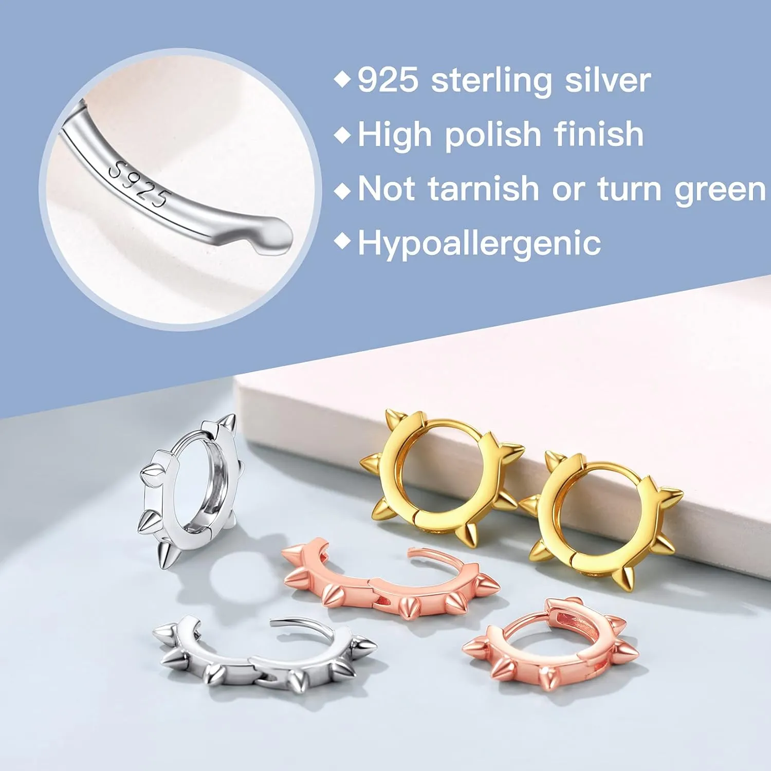 Suplight 925 Sterling Silver Huggie Earrings for Women 18K /Rose Gold Plated Hoop Earrings for Women Hypoallergenic Cubic Zirconia Cartilage Earrings Spike/Star/Square Small Hoop Earrings for Women
