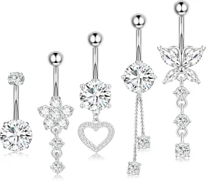 Surgical Stainless Steel Dangle Belly Button Rings for Women Belly Ring Dangling Piercing Jewelry with Heart Flower Butterfly Silver Gold Tone 14G