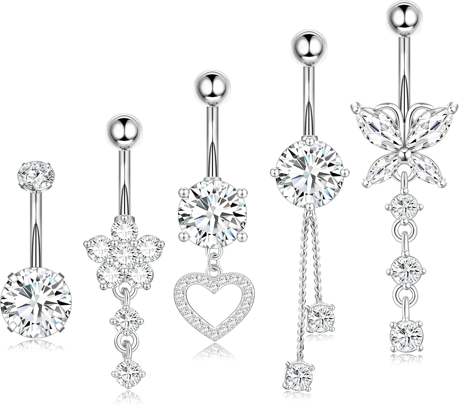 Surgical Stainless Steel Dangle Belly Button Rings for Women Belly Ring Dangling Piercing Jewelry with Heart Flower Butterfly Silver Gold Tone 14G
