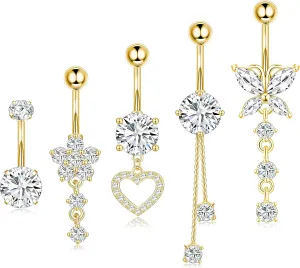 Surgical Stainless Steel Dangle Belly Button Rings for Women Belly Ring Dangling Piercing Jewelry with Heart Flower Butterfly Silver Gold Tone 14G