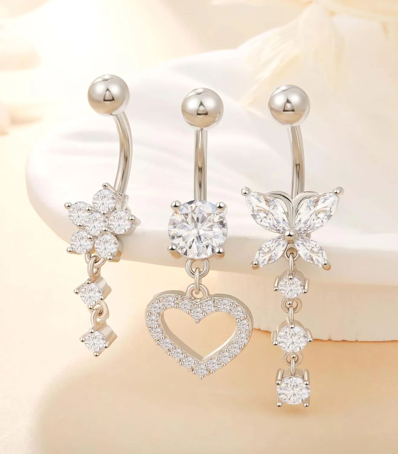 Surgical Stainless Steel Dangle Belly Button Rings for Women Belly Ring Dangling Piercing Jewelry with Heart Flower Butterfly Silver Gold Tone 14G