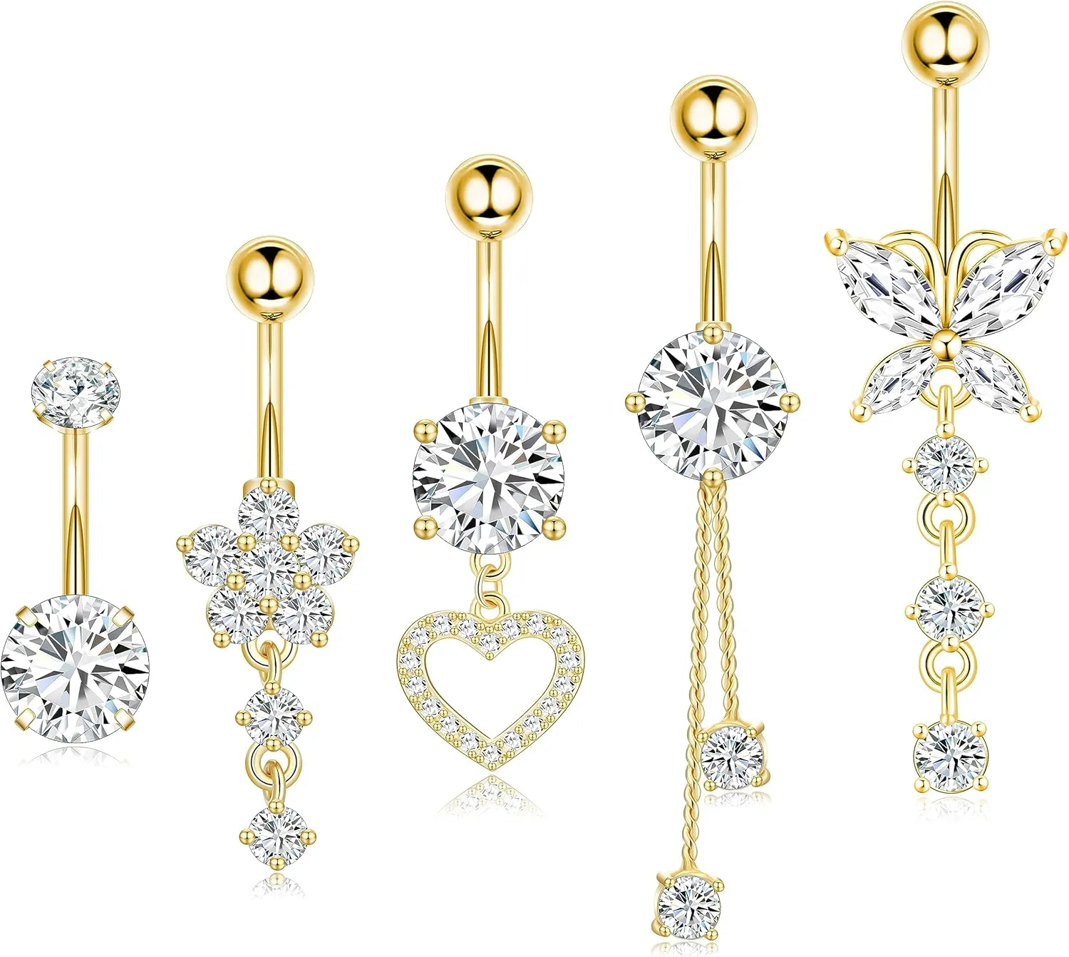 Surgical Stainless Steel Dangle Belly Button Rings for Women Belly Ring Dangling Piercing Jewelry with Heart Flower Butterfly Silver Gold Tone 14G