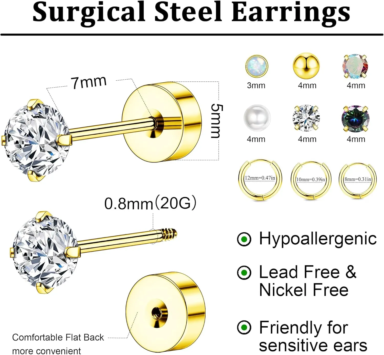 Surgical Stainless Steel Earrings for Women Men, Hypoallergenic Flat Back Stainless Steel Stud Earrings for Sensitive Ears, Silver Cartilage Hoop Earring Sets for Multiple Piercing Dainty Earring Stacks for Jewelry Gifts