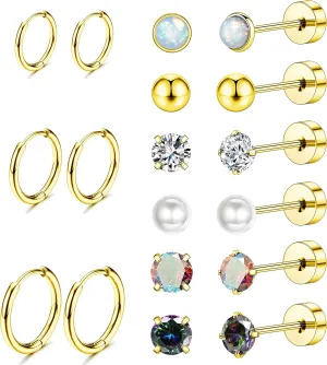 Surgical Stainless Steel Earrings for Women Men, Hypoallergenic Flat Back Stainless Steel Stud Earrings for Sensitive Ears, Silver Cartilage Hoop Earring Sets for Multiple Piercing Dainty Earring Stacks for Jewelry Gifts