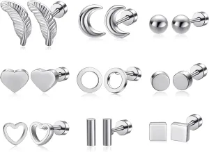 Surgical Stainless Steel Stud Earrings for Women Hypoallergenic White Gold Plated Screw Flat Back Earring Set For Men Trendy Multiple Styles Earrings(9 Pairs) 