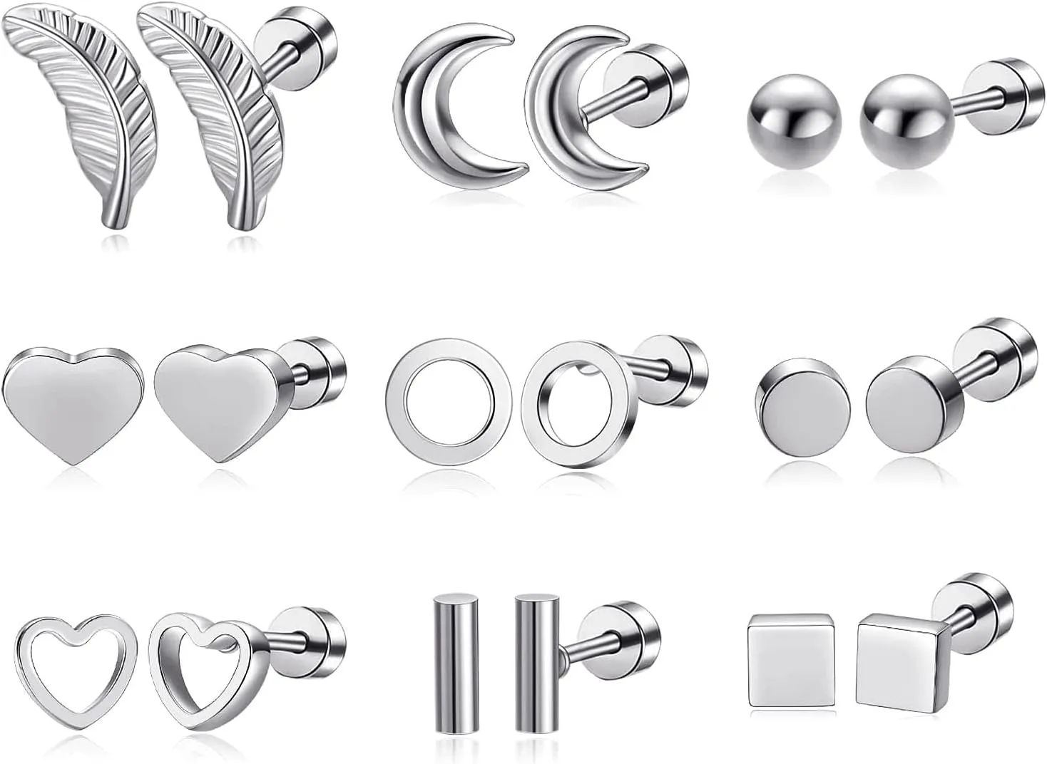 Surgical Stainless Steel Stud Earrings for Women Hypoallergenic White Gold Plated Screw Flat Back Earring Set For Men Trendy Multiple Styles Earrings(9 Pairs) 