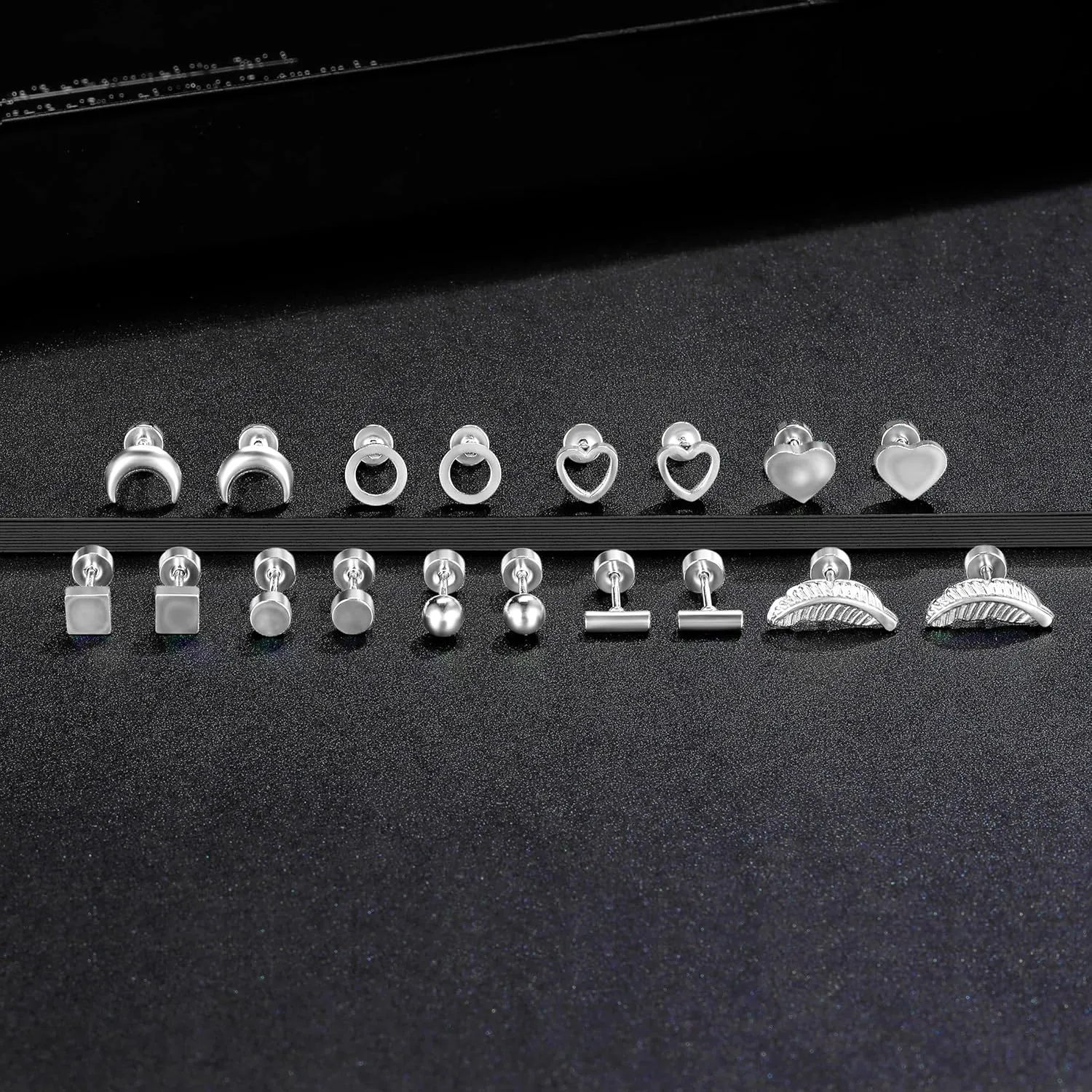 Surgical Stainless Steel Stud Earrings for Women Hypoallergenic White Gold Plated Screw Flat Back Earring Set For Men Trendy Multiple Styles Earrings(9 Pairs) 