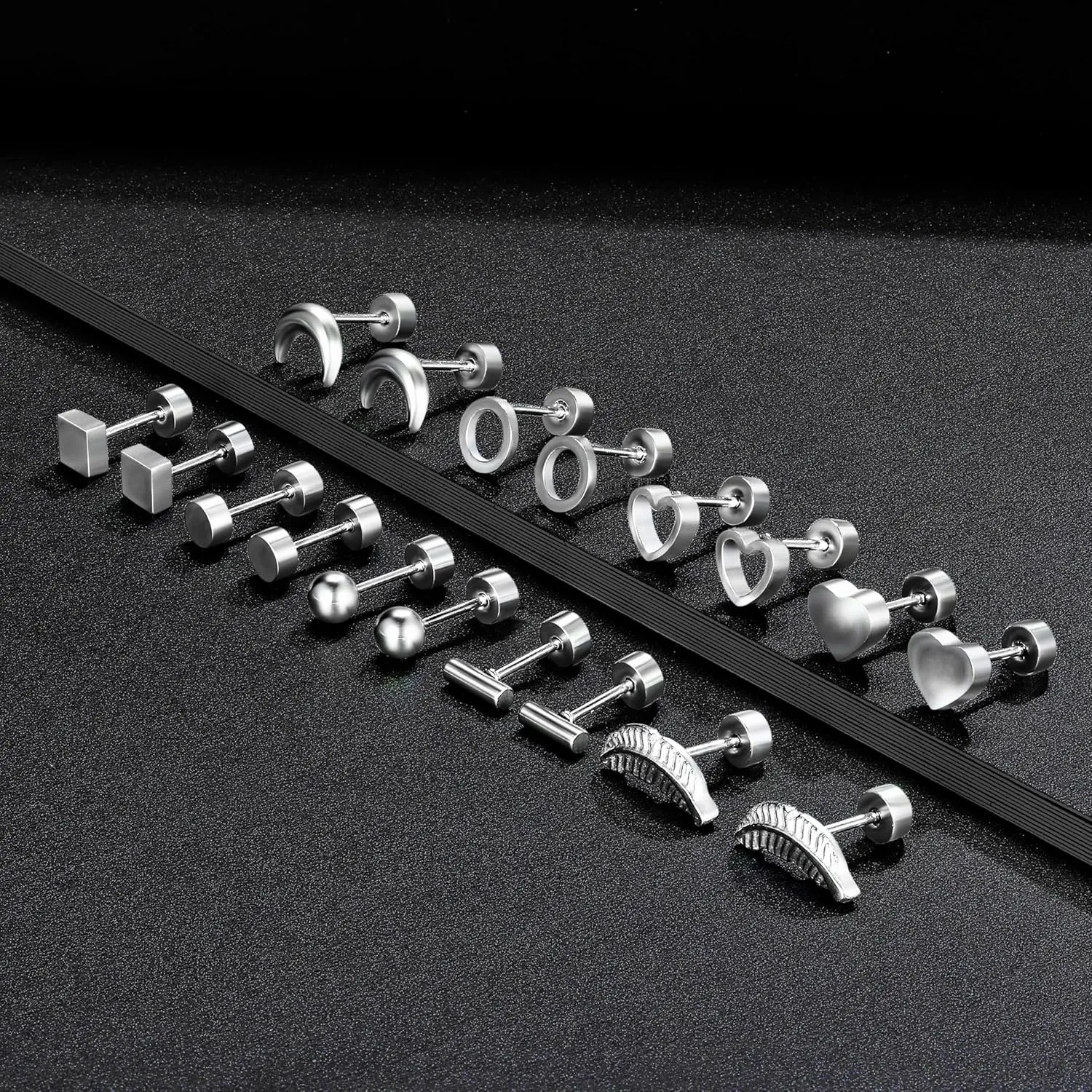 Surgical Stainless Steel Stud Earrings for Women Hypoallergenic White Gold Plated Screw Flat Back Earring Set For Men Trendy Multiple Styles Earrings(9 Pairs) 