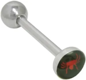 Surgical Steel Tongue Ring Straight Barbell 14 Gauge & Red Spider Logo