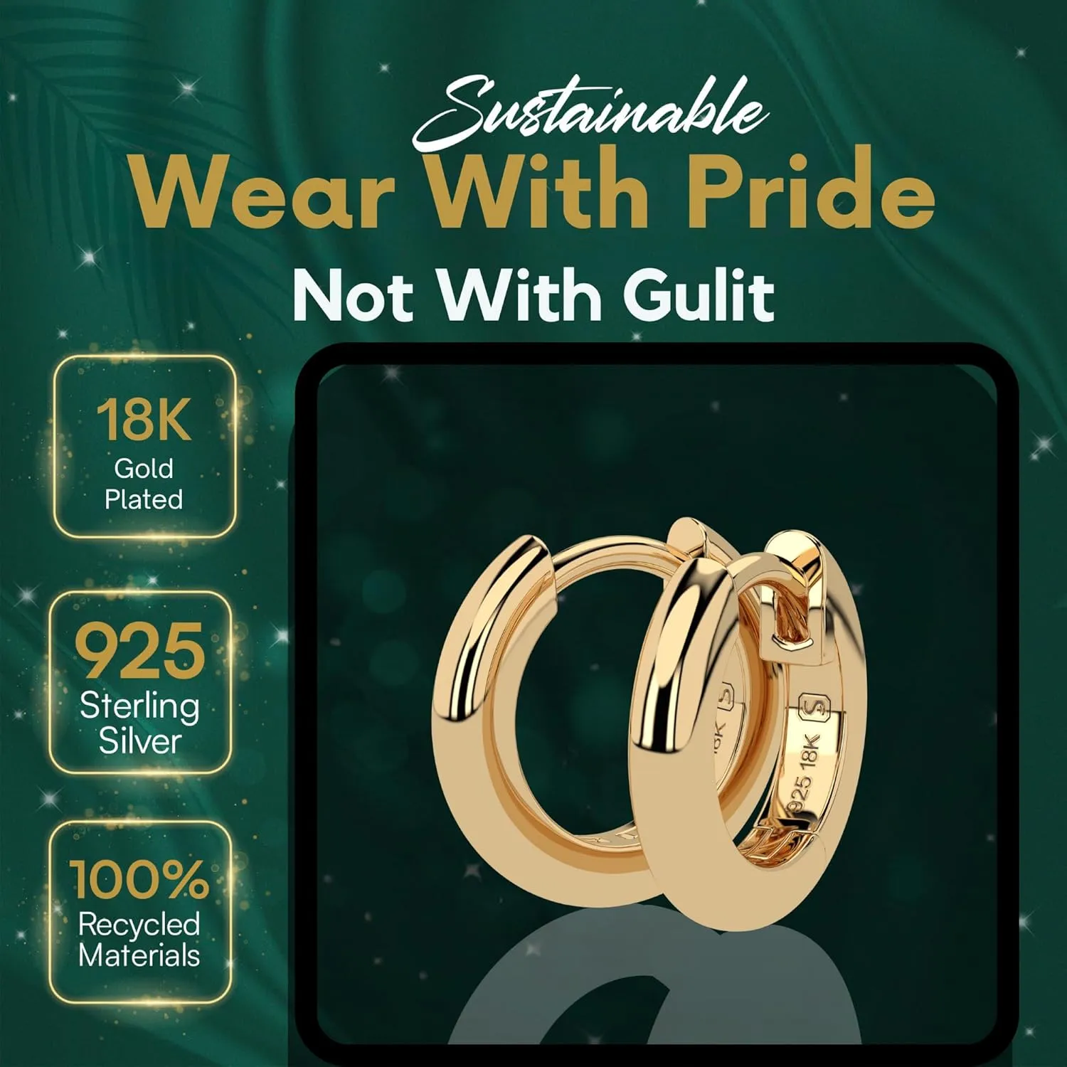 Sustainable Jewelry By SAKAR | 18k Gold Plated | 925 Sterling Silver - 18k Gold Huggie Hoop Earrings - Gold Earrings Women - Small Gold Hoop Earrings for Women - Gold Jewelry - (12 mm Diameter, Gold)