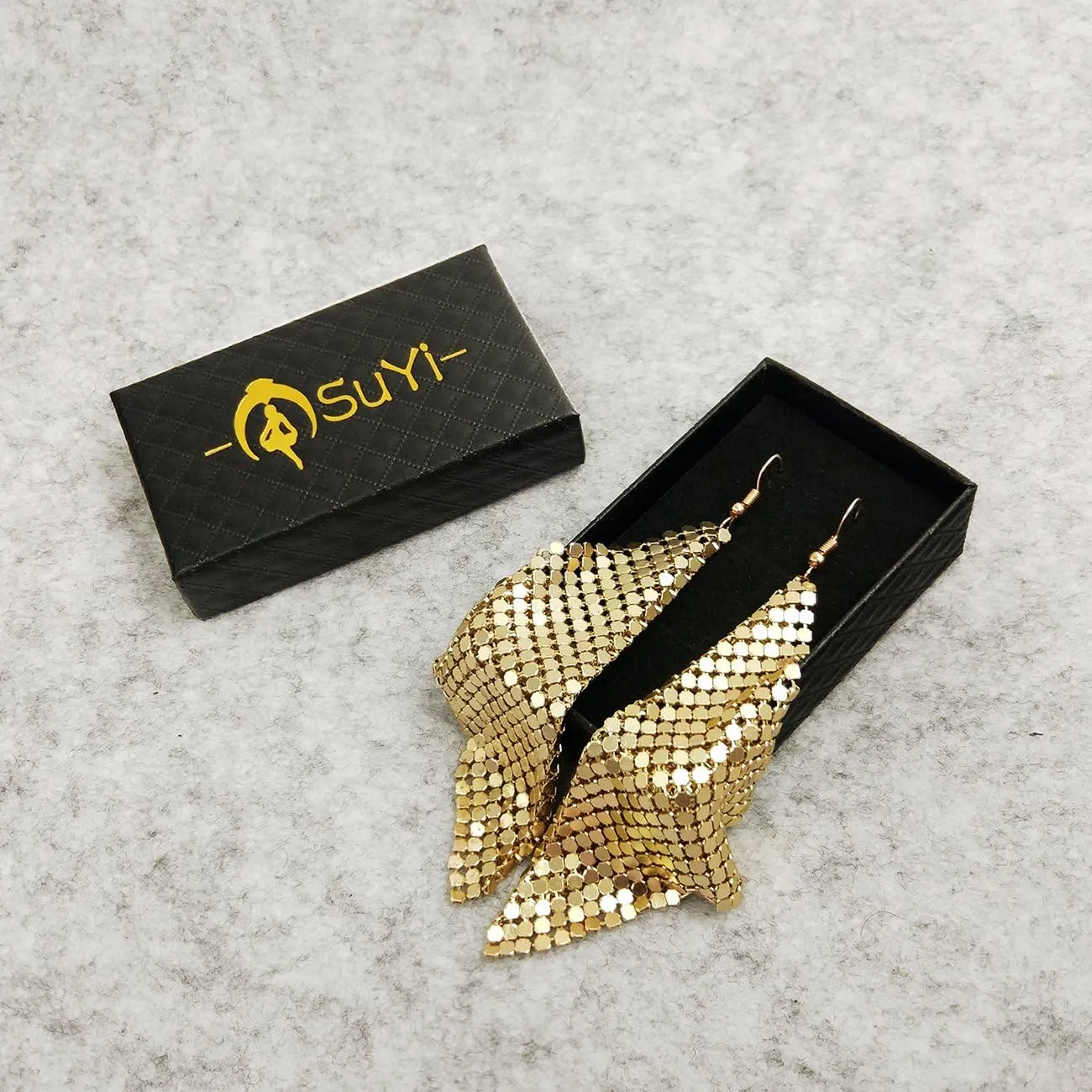 Suyi Trendy Women Earrings Metal Mesh Grid Sequins Tassel Long Drop Dangle Earrings