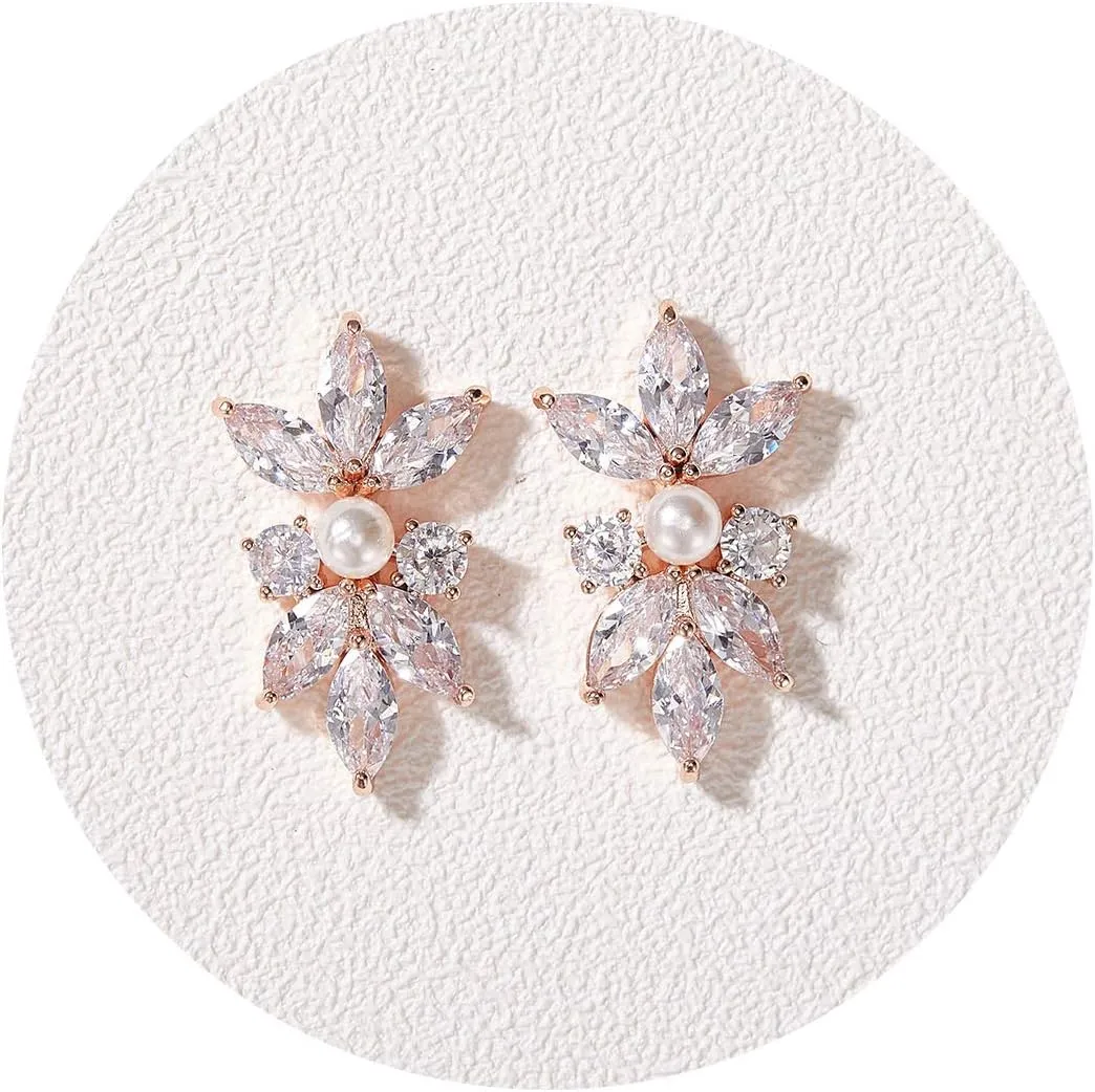 SWEETV Marquise Cubic Zirconia Wedding Bridal Stud Earrings for Brides Bridesmaids, Crystal Pearl Rhinestone Stud Earrings for Women Prom Party Jewelry Gifts