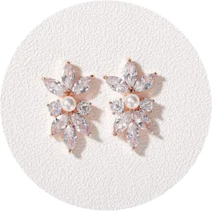 SWEETV Marquise Cubic Zirconia Wedding Bridal Stud Earrings for Brides Bridesmaids, Crystal Pearl Rhinestone Stud Earrings for Women Prom Party Jewelry Gifts