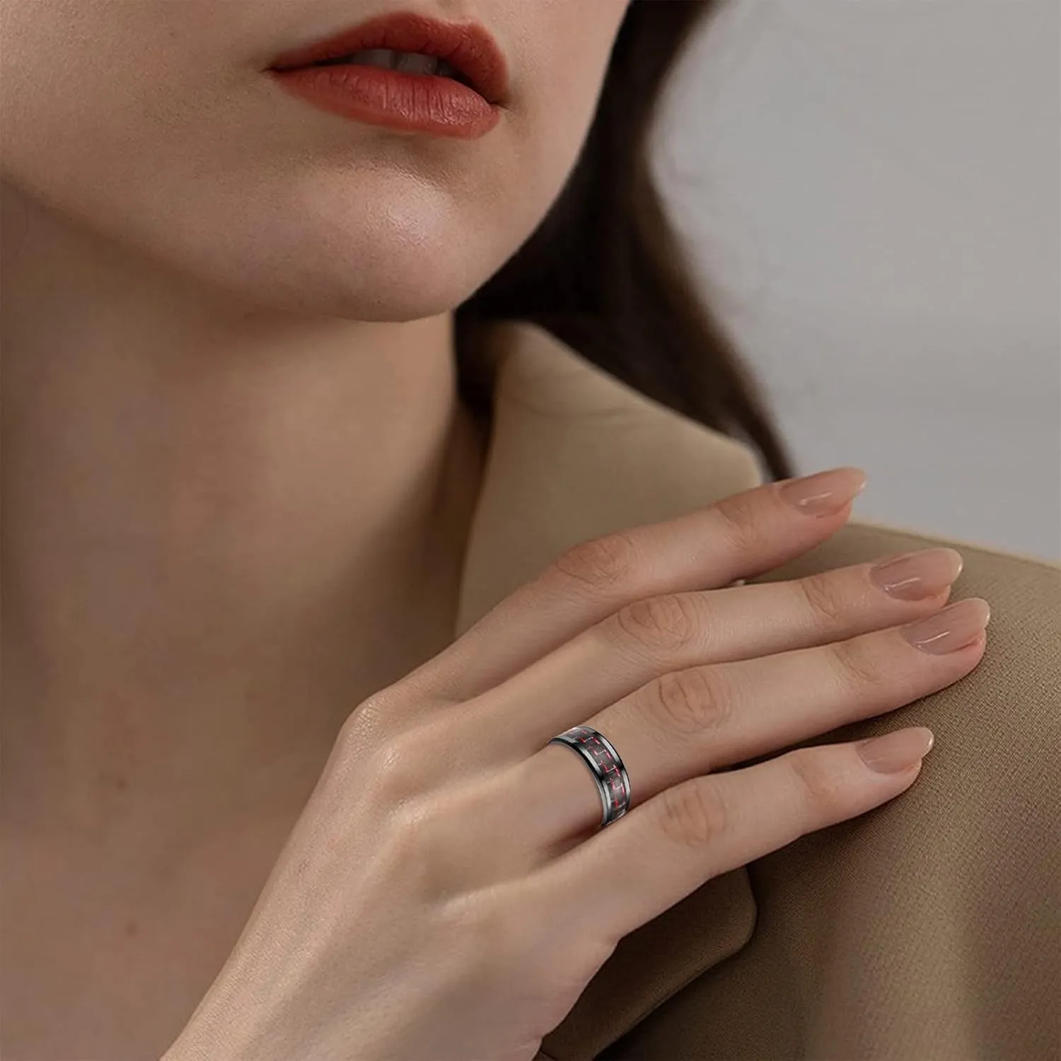 Teacup Ring Fiber Steel Ring Couple Adult Three-Color Fashion Titanium Carbon Ring Rings (Red, 8)