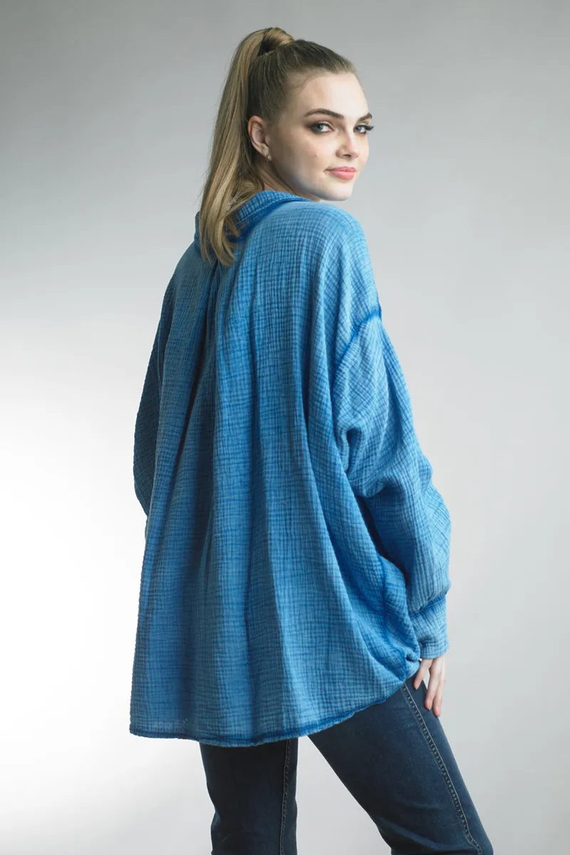 Tempo Paris Gauze Oversized Button Front Shacket In Blue