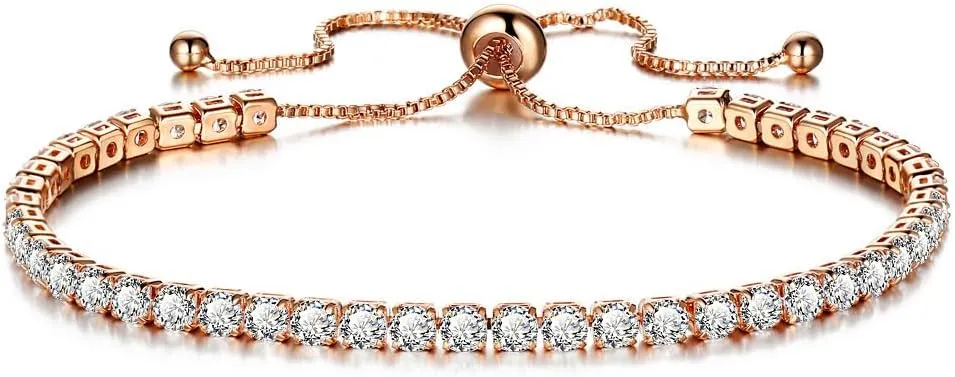 Tennis Bracelets for Women Gold Plated Cubic Zircon Rhinestone Beads Slider Adjustable Bracelet Festive Jewelry Gift