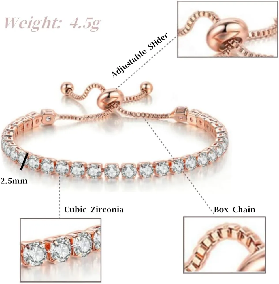 Tennis Bracelets for Women Gold Plated Cubic Zircon Rhinestone Beads Slider Adjustable Bracelet Festive Jewelry Gift
